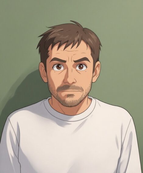 Illustrated man with brown hair and stubble wearing a white shirt, looking puzzled against a green background.