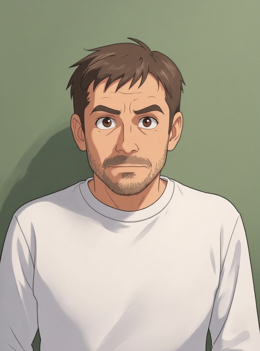 Illustrated man with brown hair and stubble wearing a white shirt, looking puzzled against a green background.