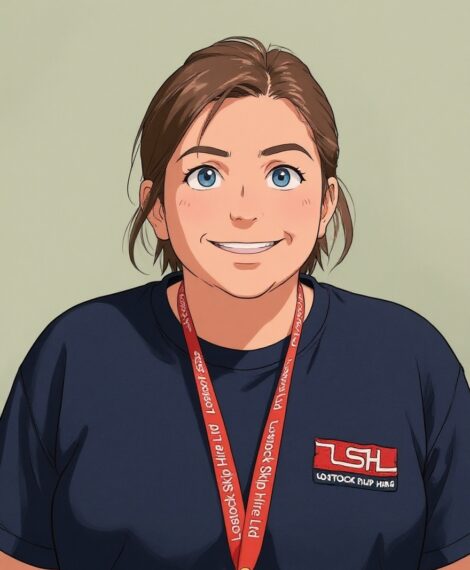 Portrait of a smiling woman with brown hair and blue eyes, wearing a navy T-shirt and a red lanyard with a badge.