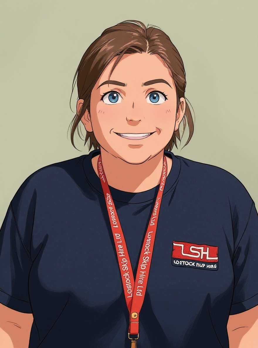Portrait of a smiling woman with brown hair and blue eyes, wearing a navy T-shirt and a red lanyard with a badge.