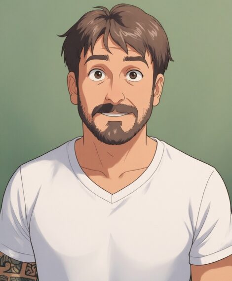 Cartoon portrait of a man with brown hair and a beard wearing a white T-shirt, against a green background, facing the viewer.