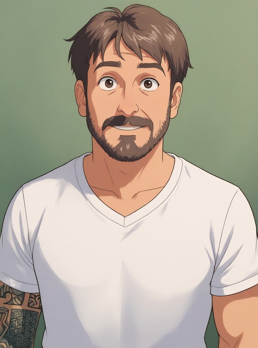 Cartoon portrait of a man with brown hair and a beard wearing a white T-shirt, against a green background, facing the viewer.