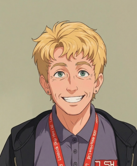 Cartoon portrait of a smiling blond-haired person wearing a gray polo and black jacket, with a red lanyard around the neck and a company badge visible on the chest.