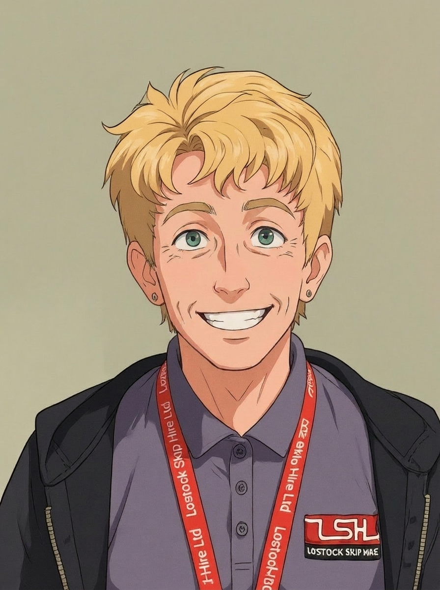 Cartoon portrait of a smiling blond-haired person wearing a gray polo and black jacket, with a red lanyard around the neck and a company badge visible on the chest.