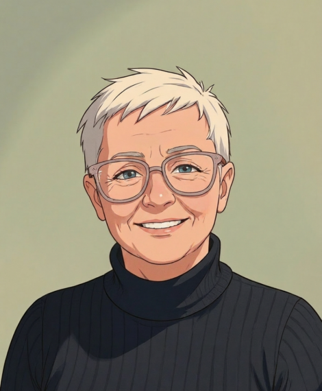 Smiling older woman with short white hair and large glasses in a black ribbed turtleneck, against a pale green background (illustration).