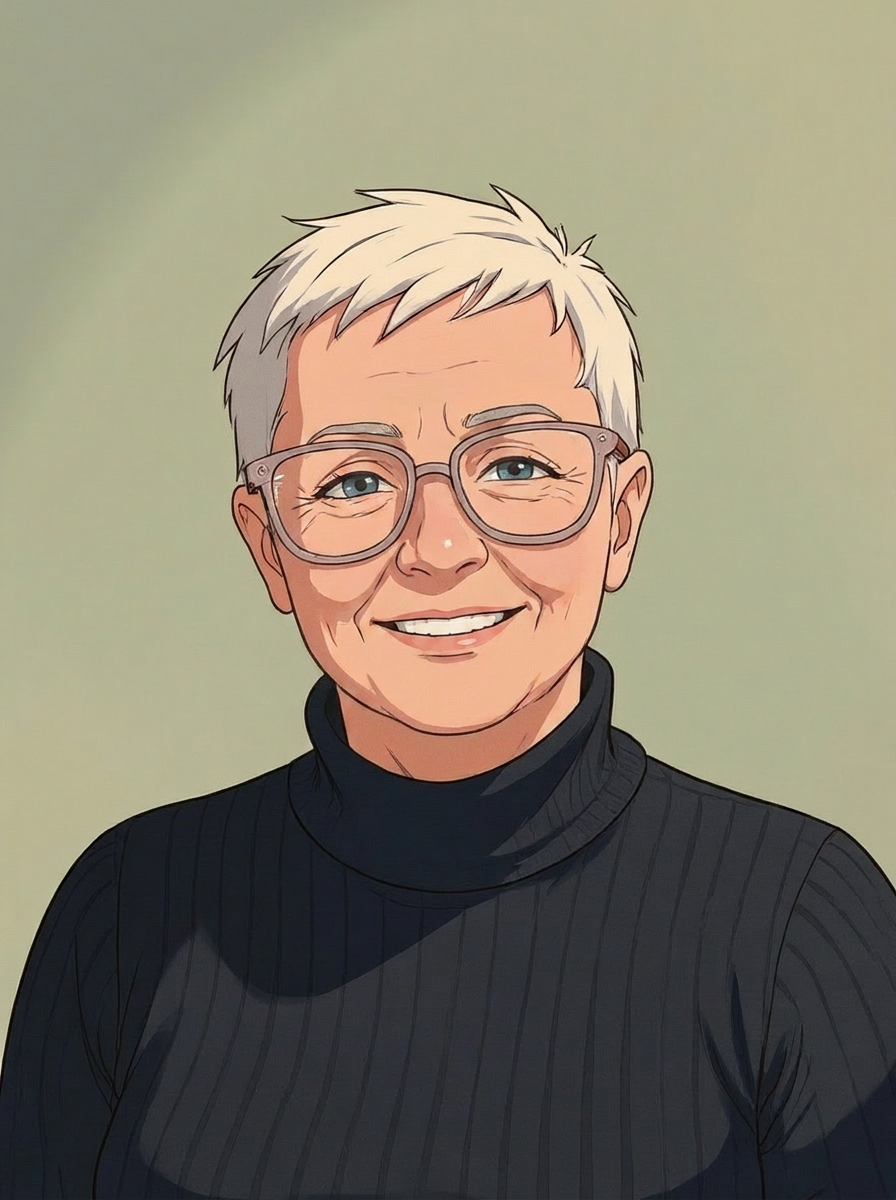 Smiling older woman with short white hair and large glasses in a black ribbed turtleneck, against a pale green background (illustration).