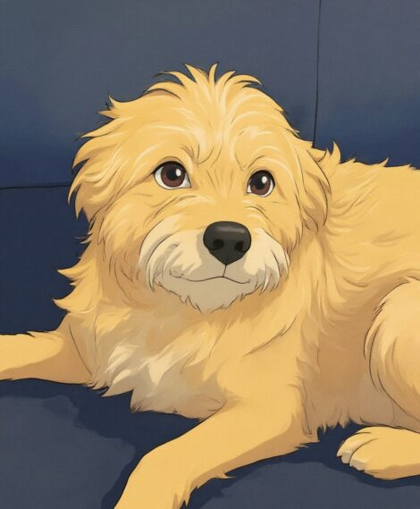 Illustrated golden retriever lying on a dark blue couch, looking toward the viewer.