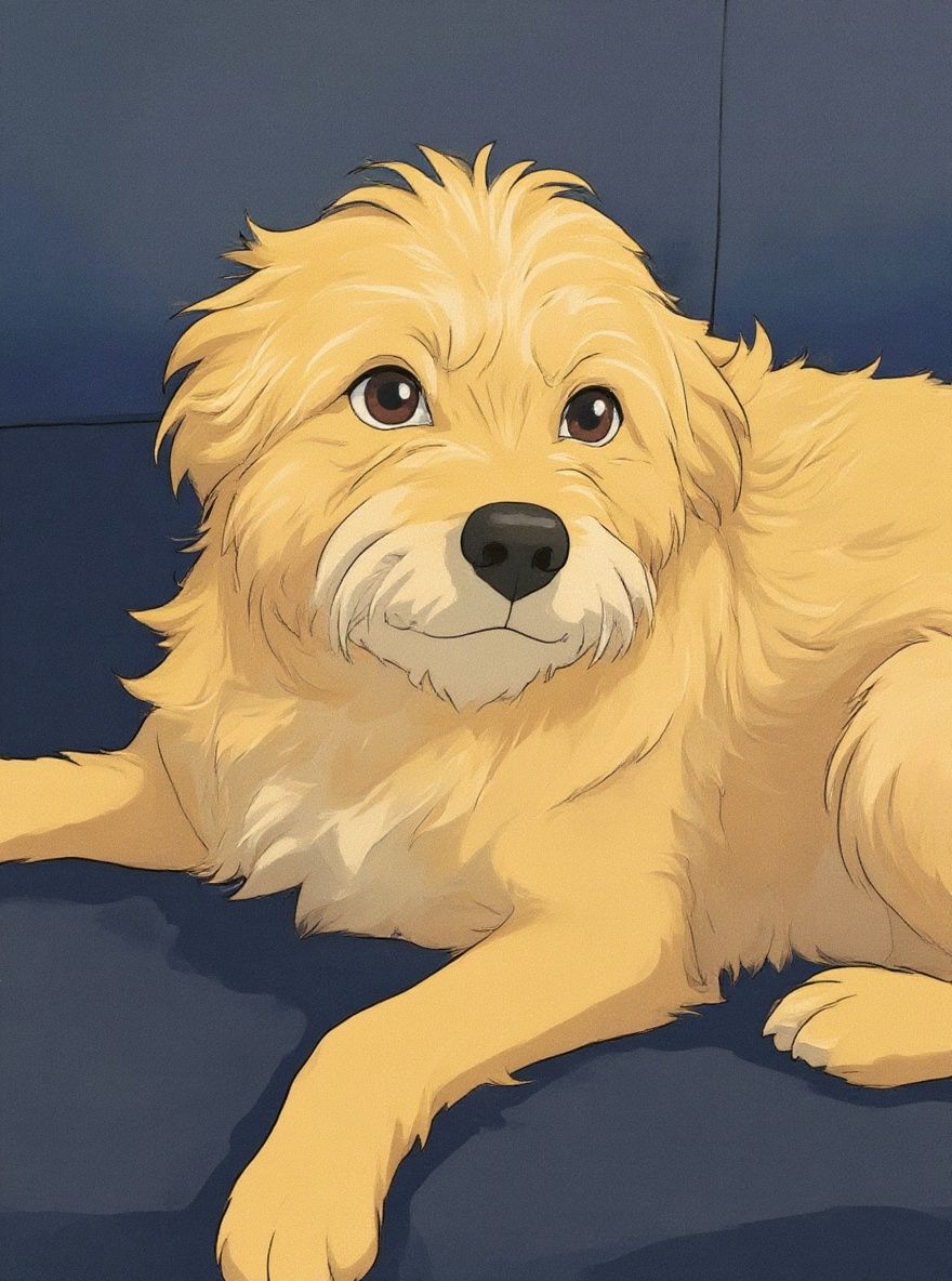 Illustrated golden retriever lying on a dark blue couch, looking toward the viewer.