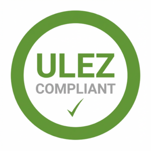 Green circular ULEZ compliant badge with a checkmark showing vehicle compliance to standards.