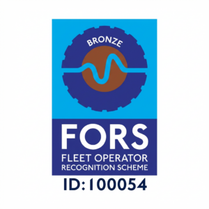 FORS Bronze badge: blue circular gear with brown center and a blue wave, text reads 'FORS Fleet Operator Recognition Scheme' and ID 100054.