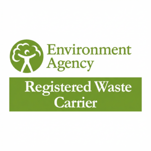 Environment Agency logo with the words 'Registered Waste Carrier' on a green banner.