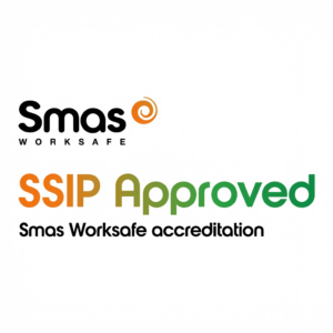 Smas Worksafe logo with an orange spiral icon and SSIP Approved gradient text, plus 'Smas Worksafe accreditation' tagline
