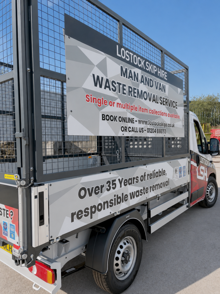 Waste removal service van with large banner: 'Lostock Skip Hire' and 'Man and Van' advertising, on a sunny day.
