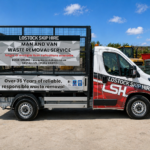 Lostock Skip Hire van with large banners advertising man-and-van waste removal and online booking.