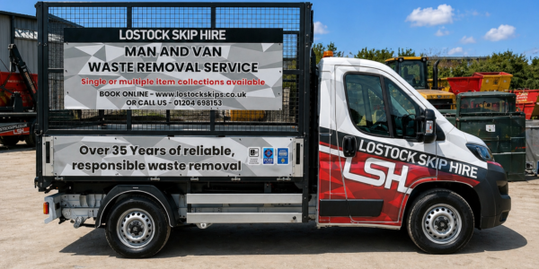 Lostock Skip Hire van with large banners advertising man-and-van waste removal and online booking.