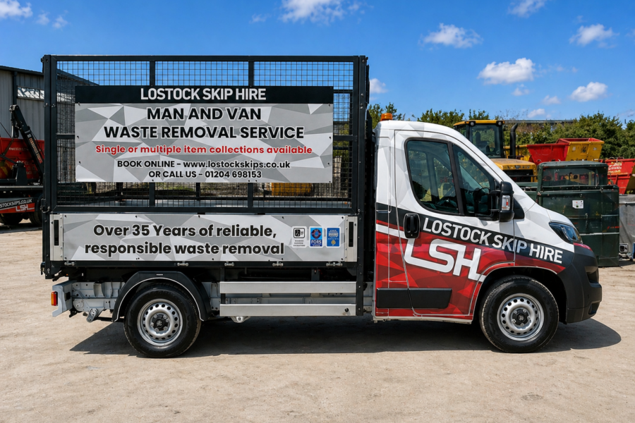 Lostock Skip Hire van with large banners advertising man-and-van waste removal and online booking.