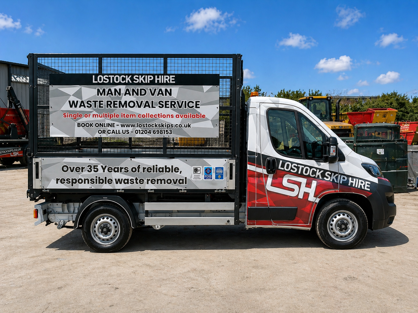 Lostock Skip Hire van with large banners advertising man-and-van waste removal and online booking.