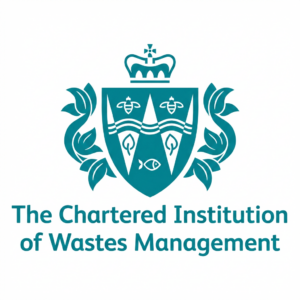 Logo for The Chartered Institution of Wastes Management: teal crest with crown and laurel vines, plus the organization's name.