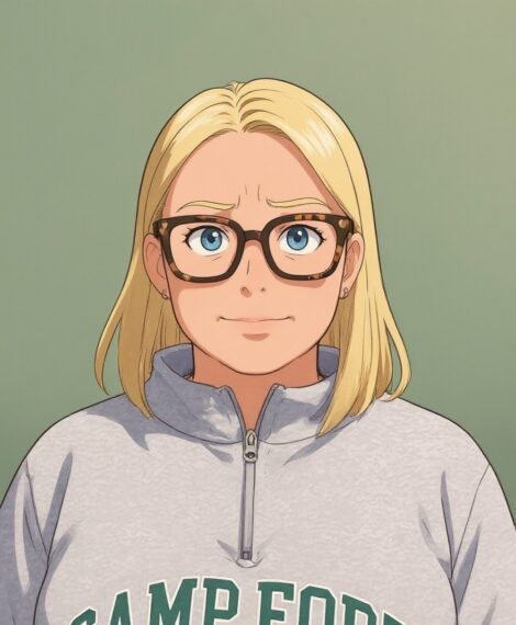 Cartoon girl with blonde hair and glasses wearing a gray zip-up sweatshirt reading 'CAMP FORT' in green letters on a green background.
