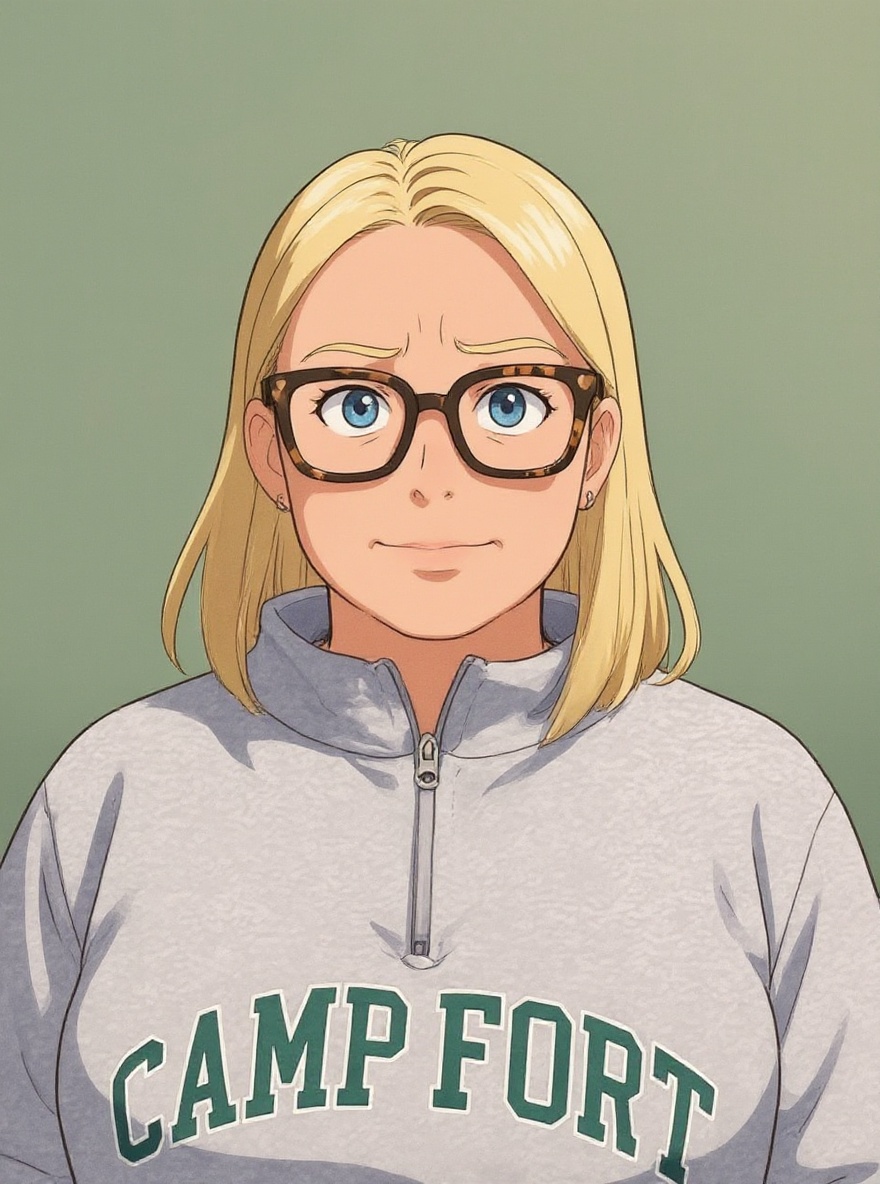 Cartoon girl with blonde hair and glasses wearing a gray zip-up sweatshirt reading 'CAMP FORT' in green letters on a green background.
