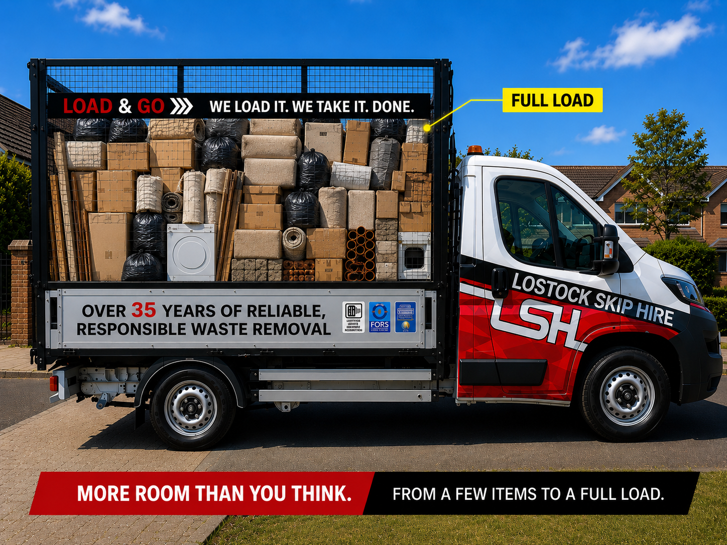 Waste removal truck fully loaded with boxes, bags, and pipes, ready for pickup; side says over 35 years of reliable waste removal (Lostock Skip Hire).