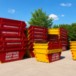 Stack of red and yellow skip bins in a sunny yard, branded 'Lostock Skip Hire' with contact numbers and website.