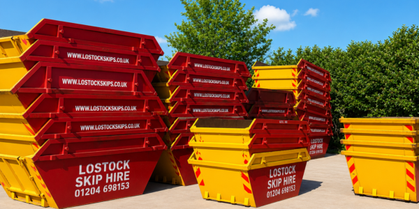 Stack of red and yellow skip bins in a sunny yard, branded 'Lostock Skip Hire' with contact numbers and website.