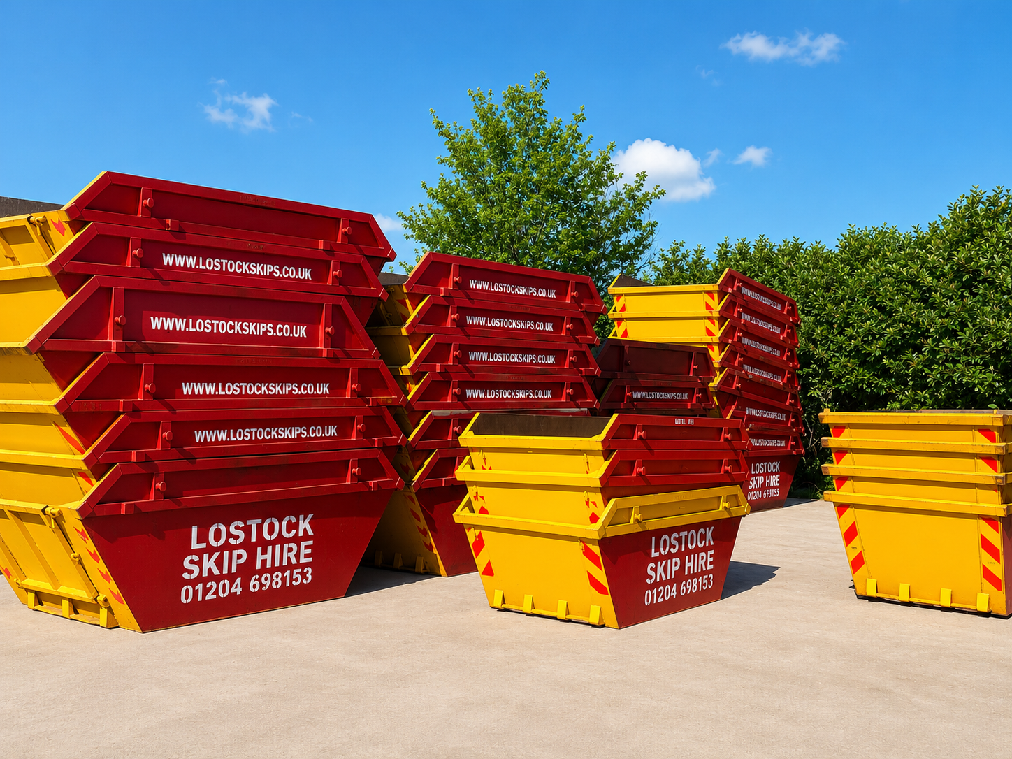 Stack of red and yellow skip bins in a sunny yard, branded 'Lostock Skip Hire' with contact numbers and website.