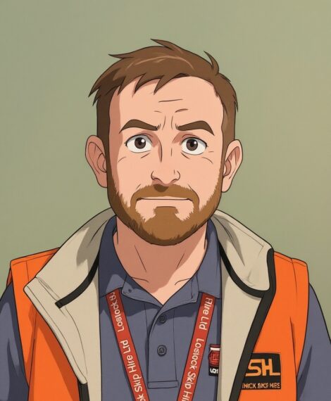 Cartoon man with short brown hair and beard in an orange safety vest over a blue polo shirt, facing the viewer against a green background.