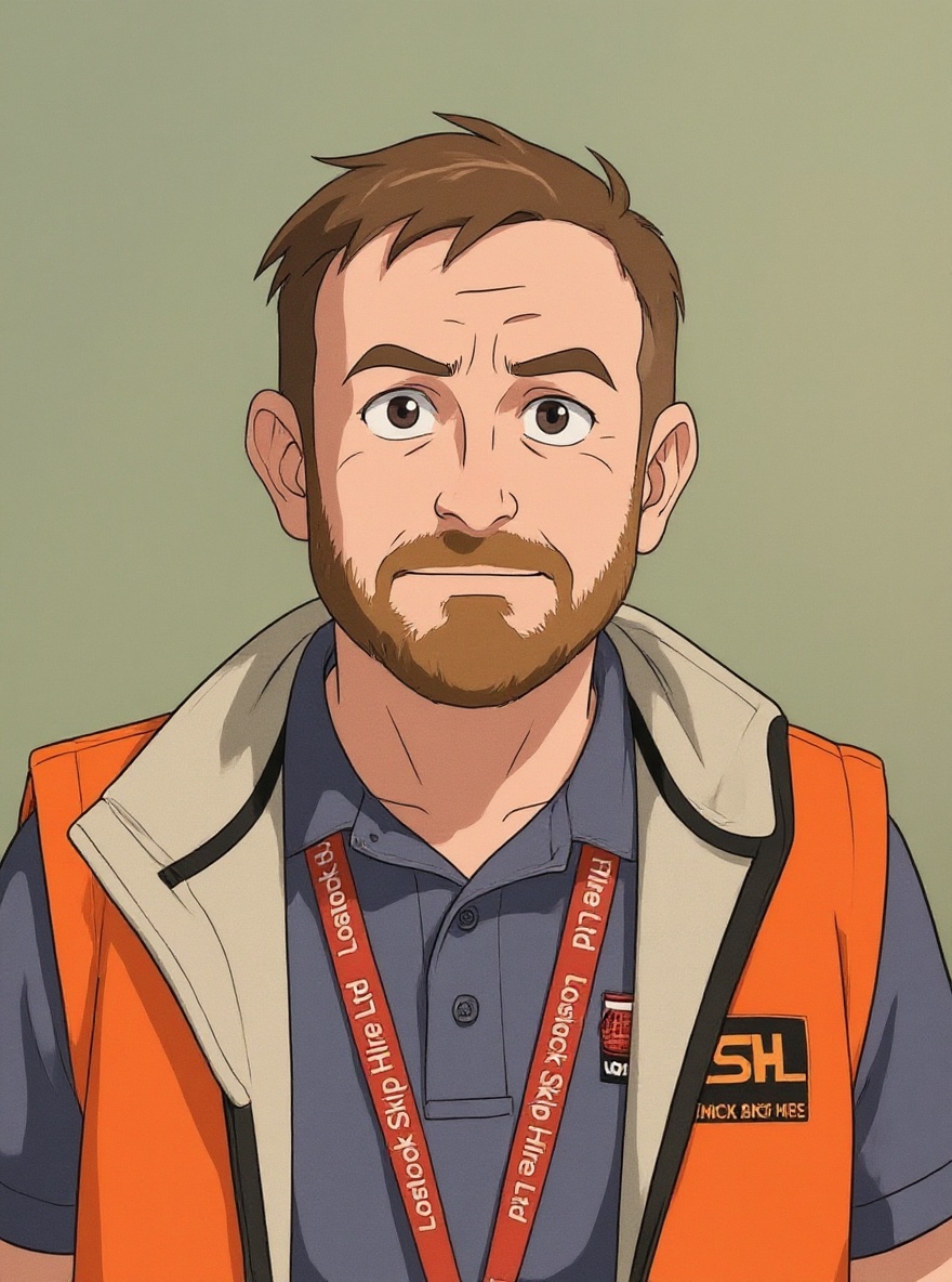Cartoon man with short brown hair and beard in an orange safety vest over a blue polo shirt, facing the viewer against a green background.