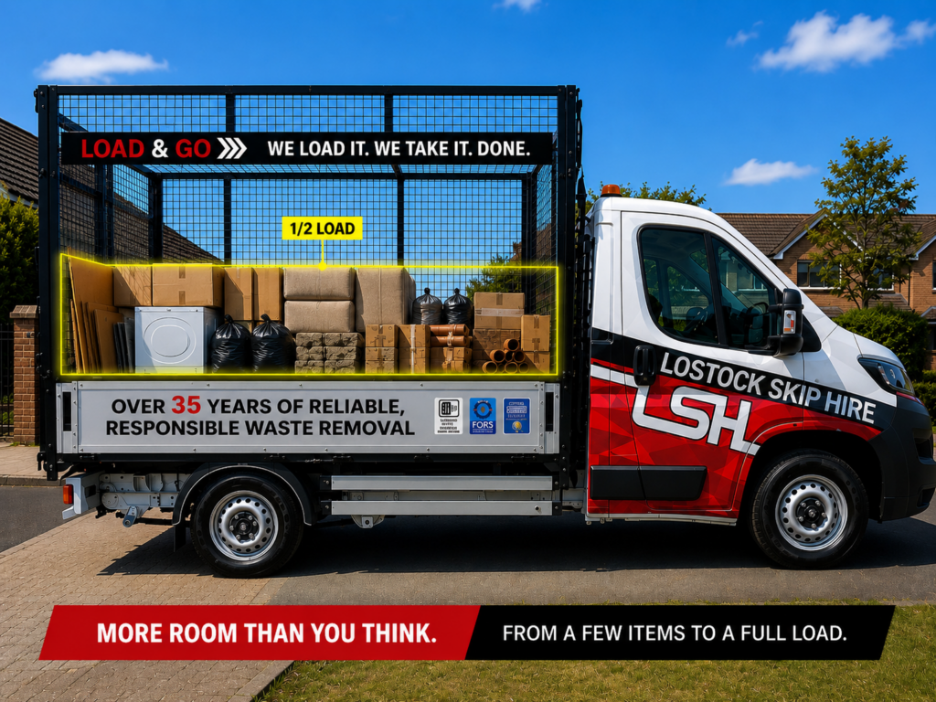 Open waste-removal truck bed full of boxes and bags, labeled 1/2 LOAD, on a blue-sky street scene with LSH branding