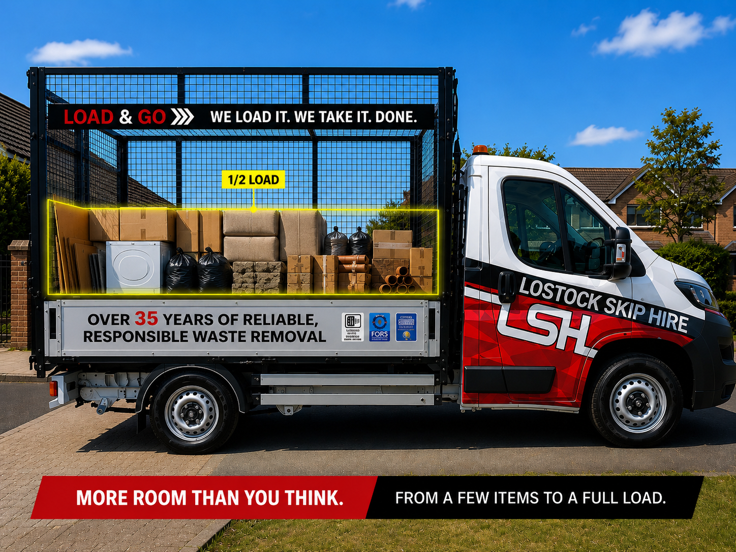 Open waste-removal truck bed full of boxes and bags, labeled 1/2 LOAD, on a blue-sky street scene with LSH branding