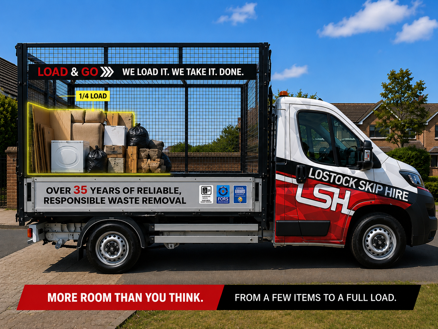Branded skip-hire truck with its loaded cargo area full of boxes and bags, parked on a suburban street under a blue sky.
