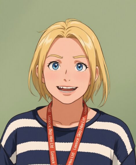Anime-style young woman with short blonde hair and blue eyes, smiling, wearing a navy and white striped shirt and an orange lanyard that says 'Skip Hire Ltd' repeatedly.