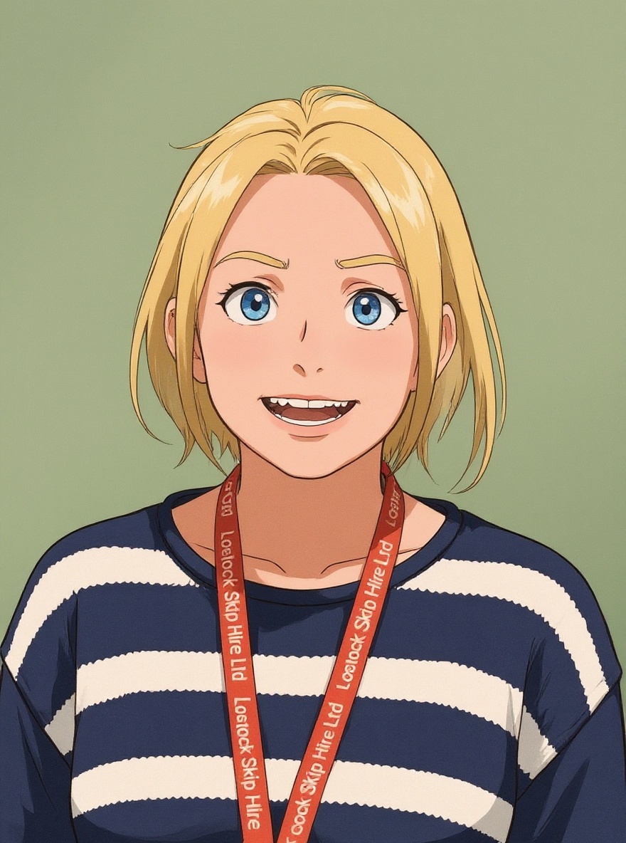 Anime-style young woman with short blonde hair and blue eyes, smiling, wearing a navy and white striped shirt and an orange lanyard that says 'Skip Hire Ltd' repeatedly.